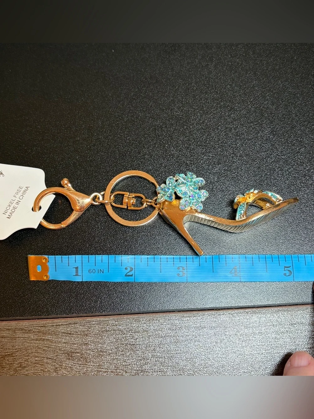 Gold High Heel Keychain with Turquoise Crystal Flowers